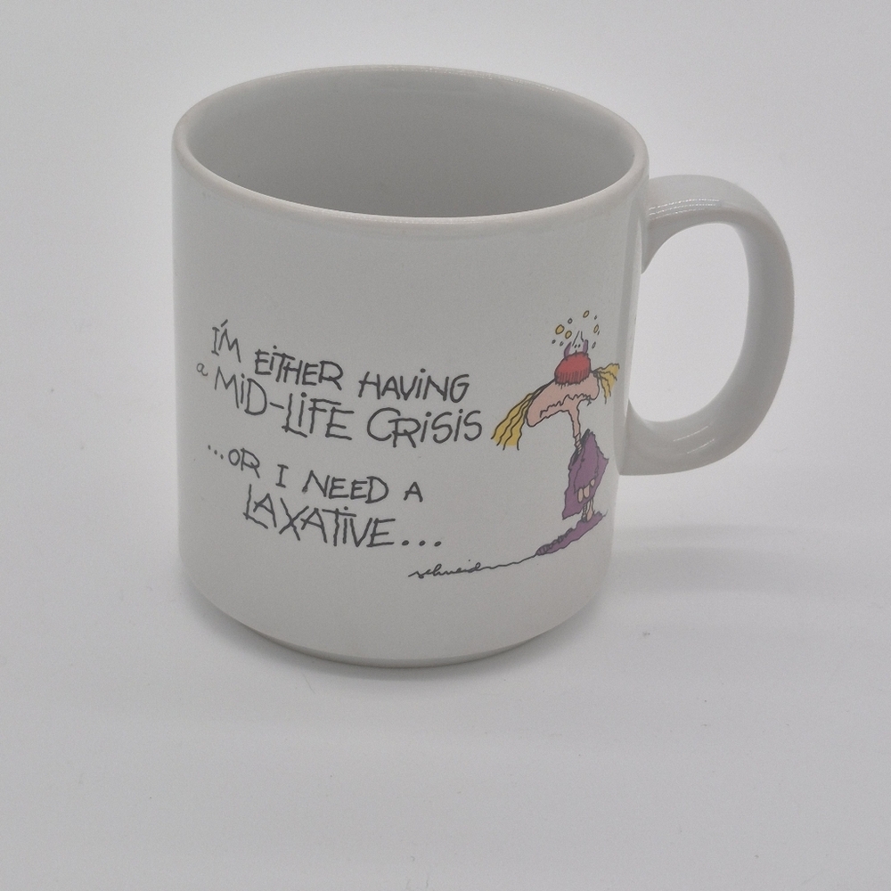 Vintage Russ Berrie Funny Coffee Mug Cup "I'm Either Having a Mid-Life Crisis--"